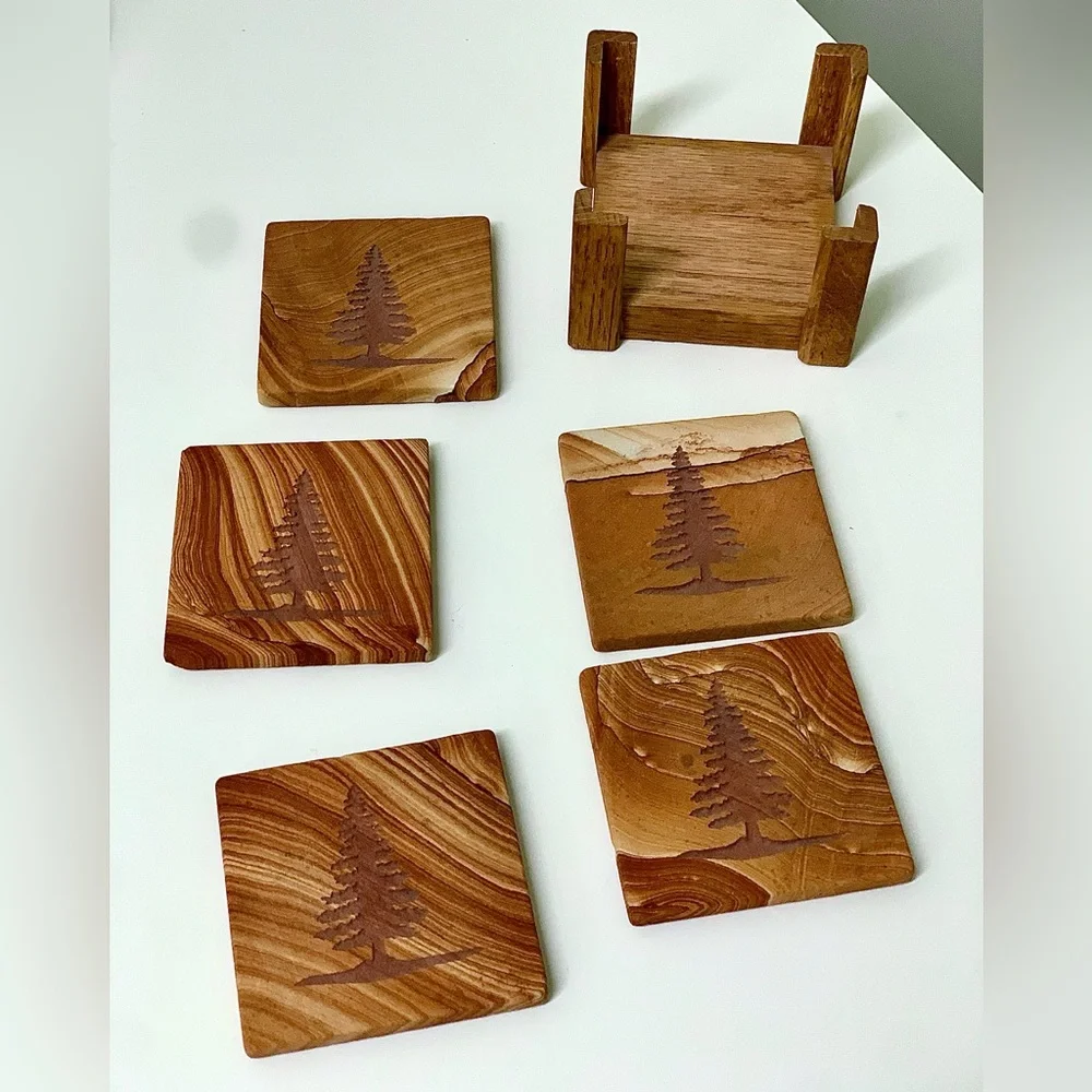 Vtg Set of 5 Evergreen Tree Engraved Marbled Sandstone Cork Lined Drink Coasters